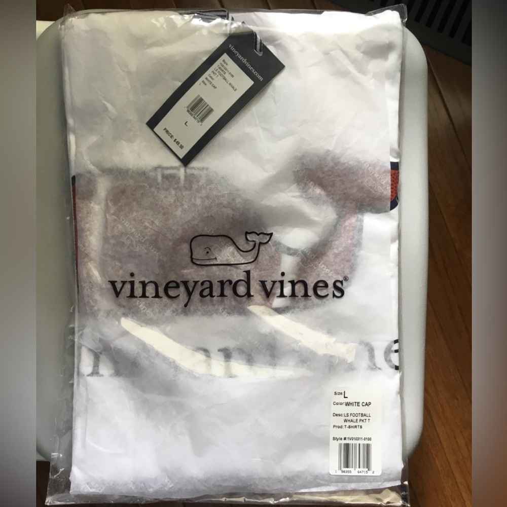 Vineyard Vines Football Whale White Long Sleeve Tee Large